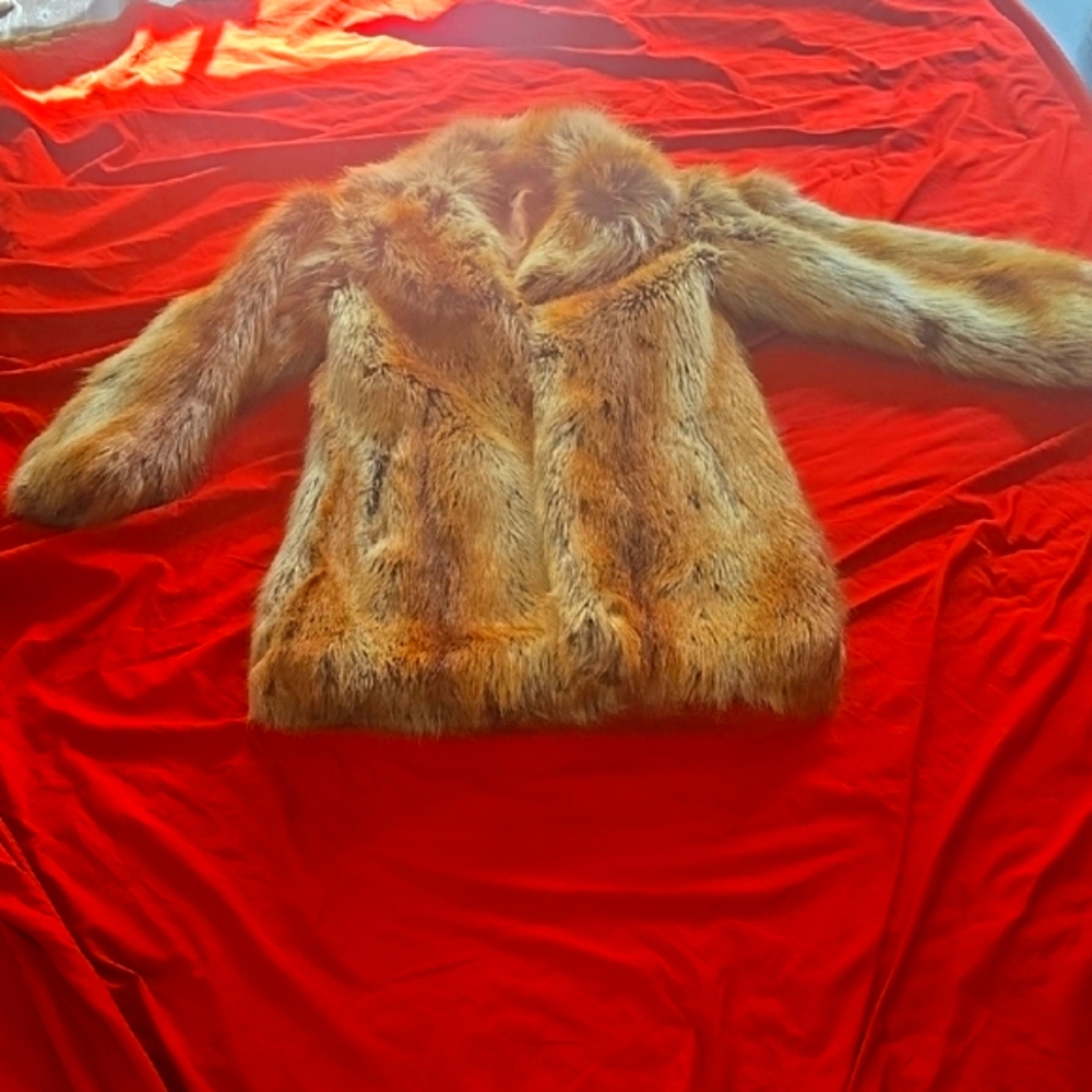 Nicole Miller Tan Teddy Jacket Plush Texture Hip-Length
